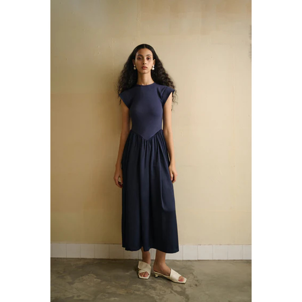 Ancosti Patchwork Cap Sleeve Drop Waist A-Line Maxi Dress Navy Blue Women's XS